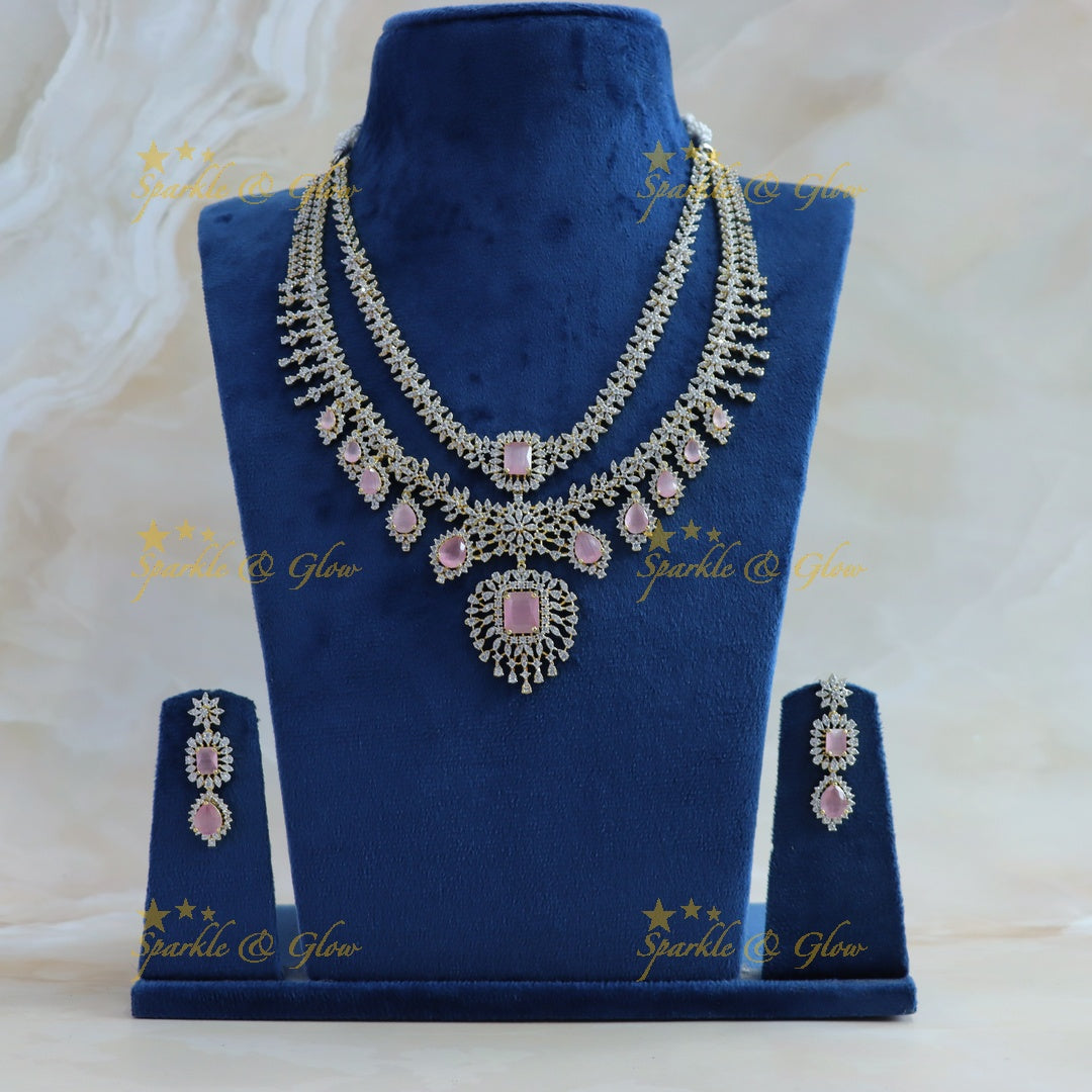 Sparkling Leaf Floral Waterdrop design two Layered American diamond short necklace