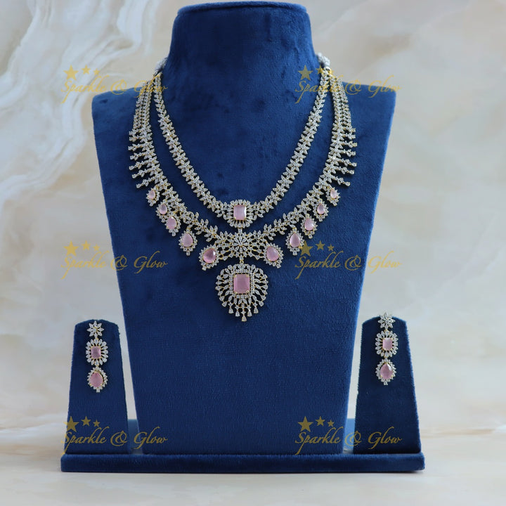 Sparkling Leaf Floral Waterdrop design two Layered American diamond short necklace