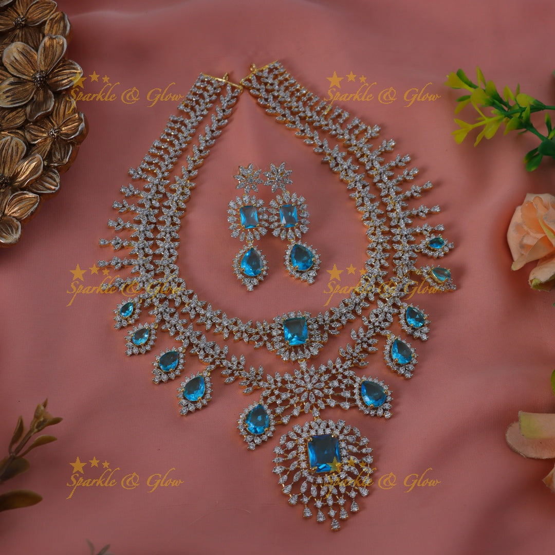 Sparkling Leaf Floral Waterdrop design two Layered American diamond short necklace