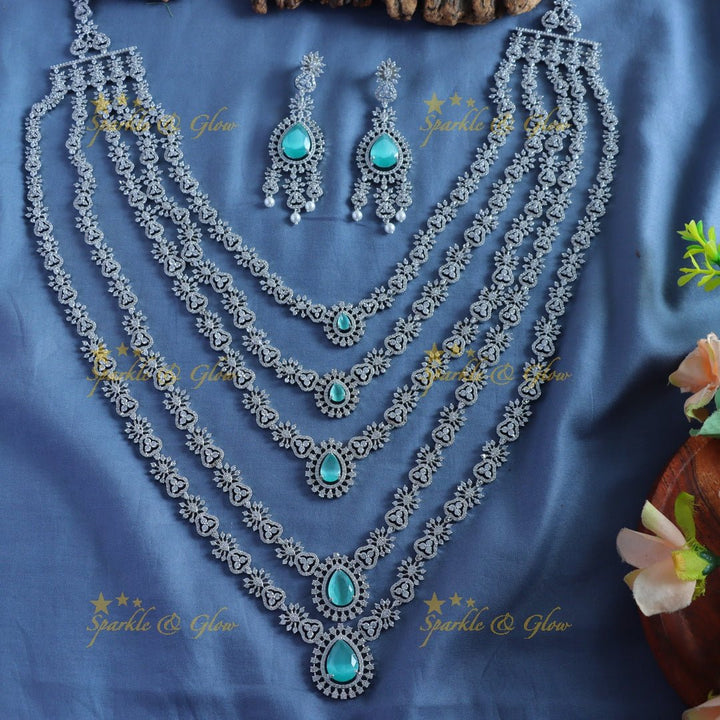 Grand Five Layered Floral design American diamond Haram - Sparkle and Glow - Back Thread - 