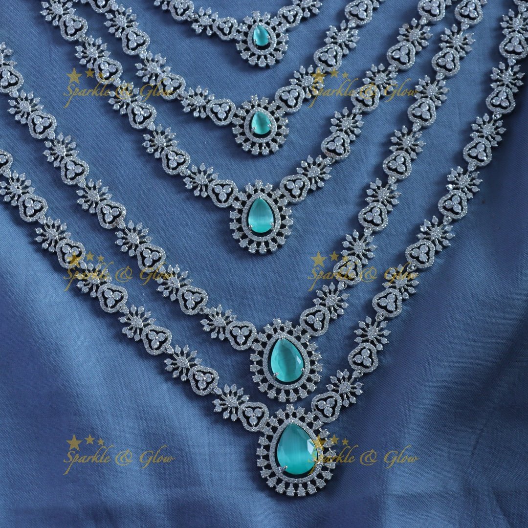 Grand Five Layered Floral design American diamond Haram - Sparkle and Glow - Back Thread - 