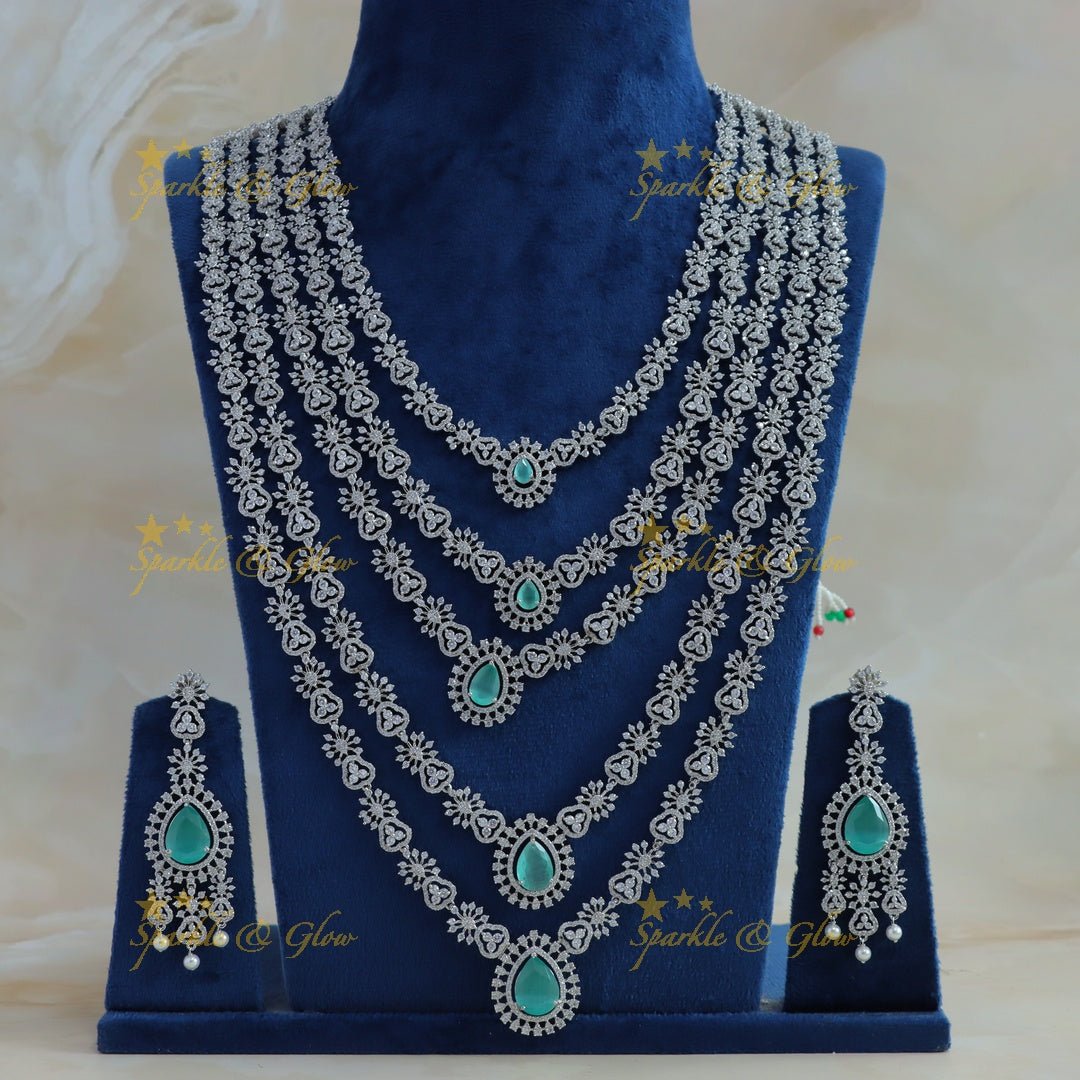Grand Five Layered Floral design American diamond Haram - Sparkle and Glow - Back Thread - 