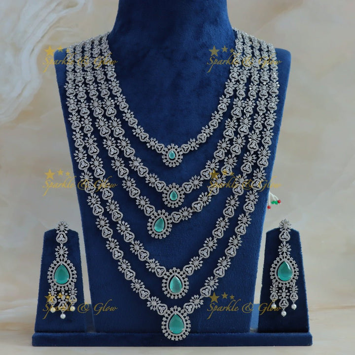 Grand Five Layered Floral design American diamond Haram - Sparkle and Glow - Back Thread - 