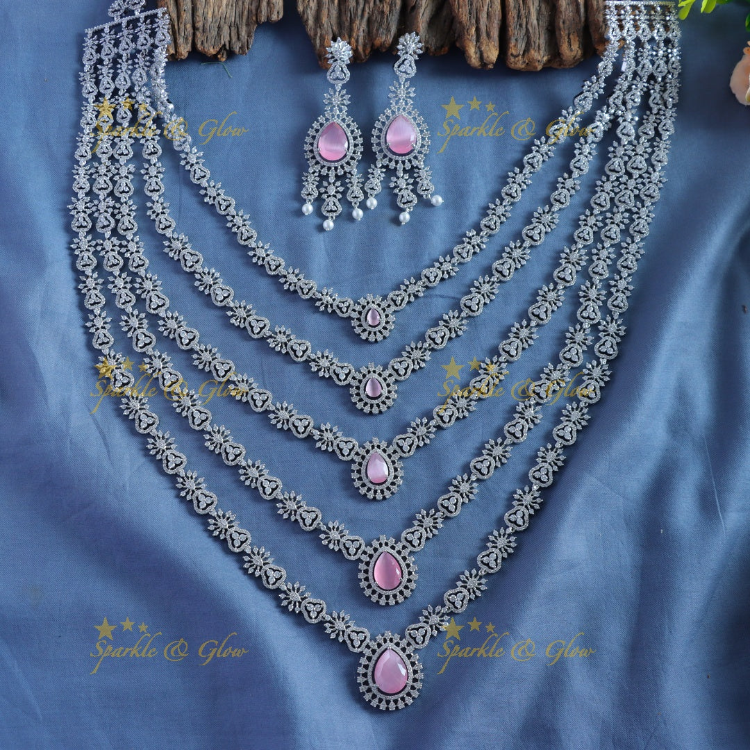 Grand Five Layered Floral design American diamond Haram