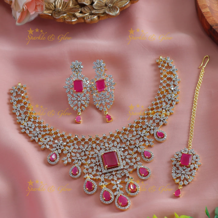Elegant Floral Waterdrop design American diamond short necklace with Maangtikka