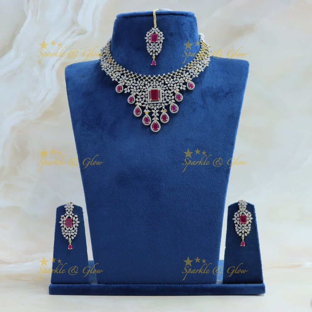 Elegant Floral Waterdrop design American diamond short necklace with Maangtikka - Sparkle and Glow - Back Thread - 