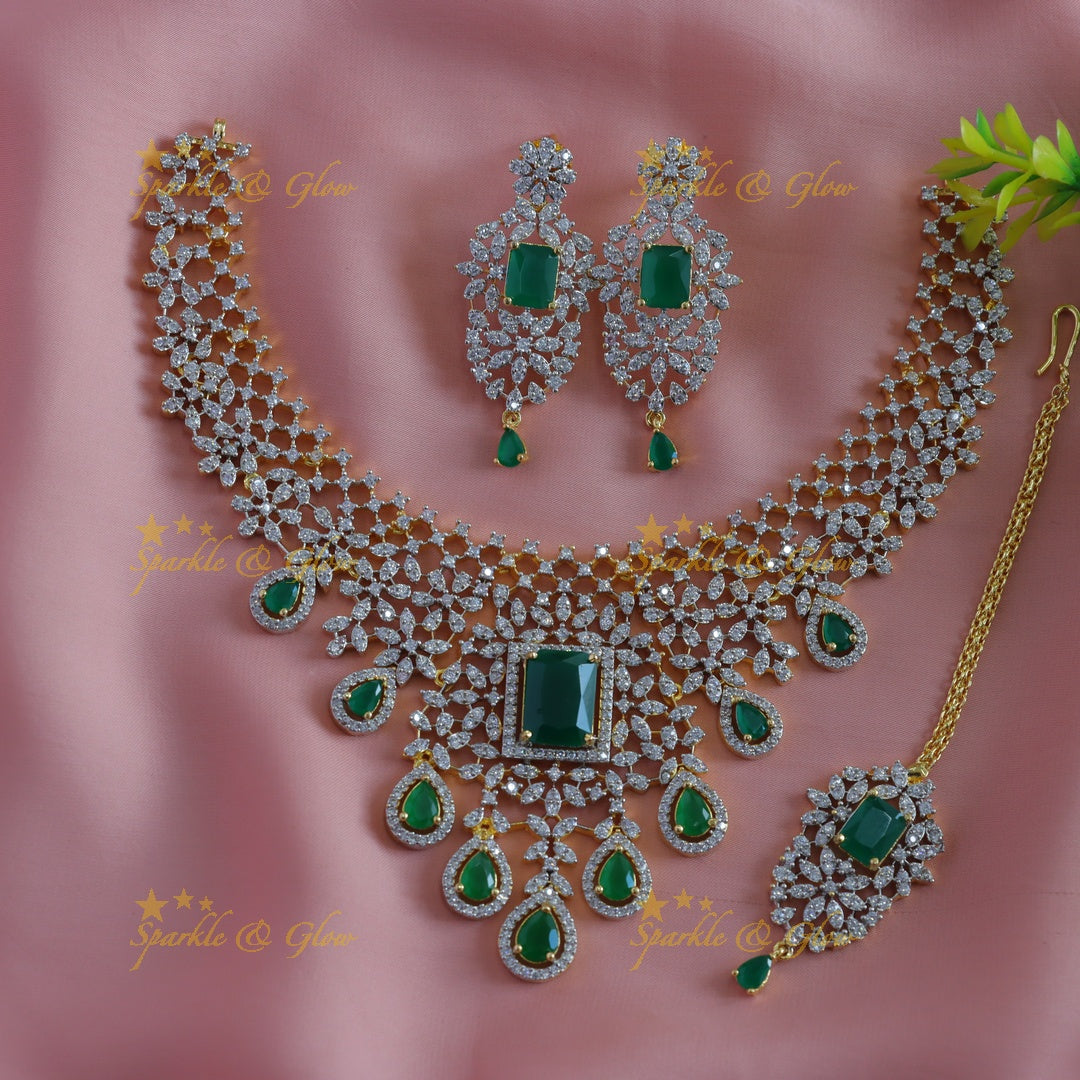 Elegant Floral Waterdrop design American diamond short necklace with Maangtikka