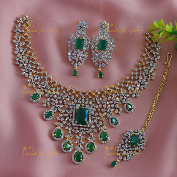 Elegant Floral Waterdrop design American diamond short necklace with Maangtikka