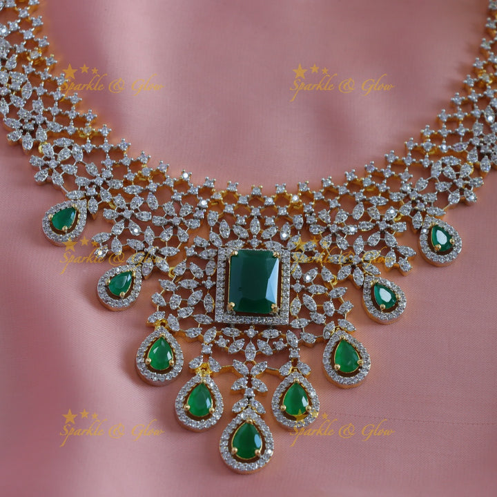 Elegant Floral Waterdrop design American diamond short necklace with Maangtikka