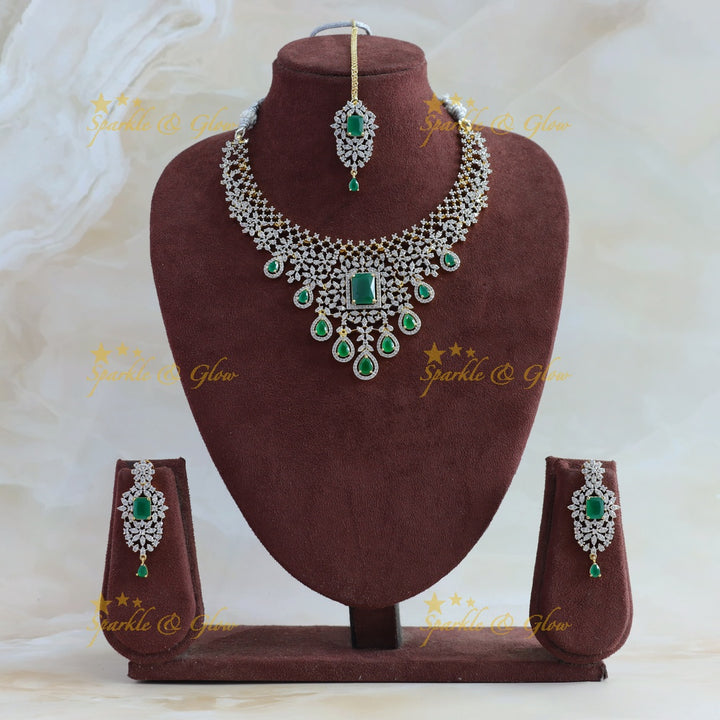 Elegant Floral Waterdrop design American diamond short necklace with Maangtikka
