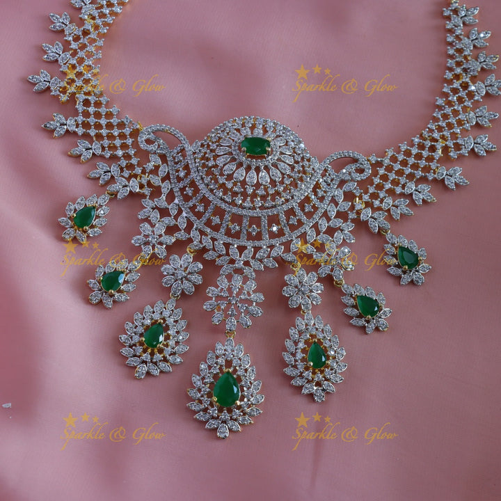 Intricately carved Floral Waterdrop design American diamond short necklace with Maangtikka
