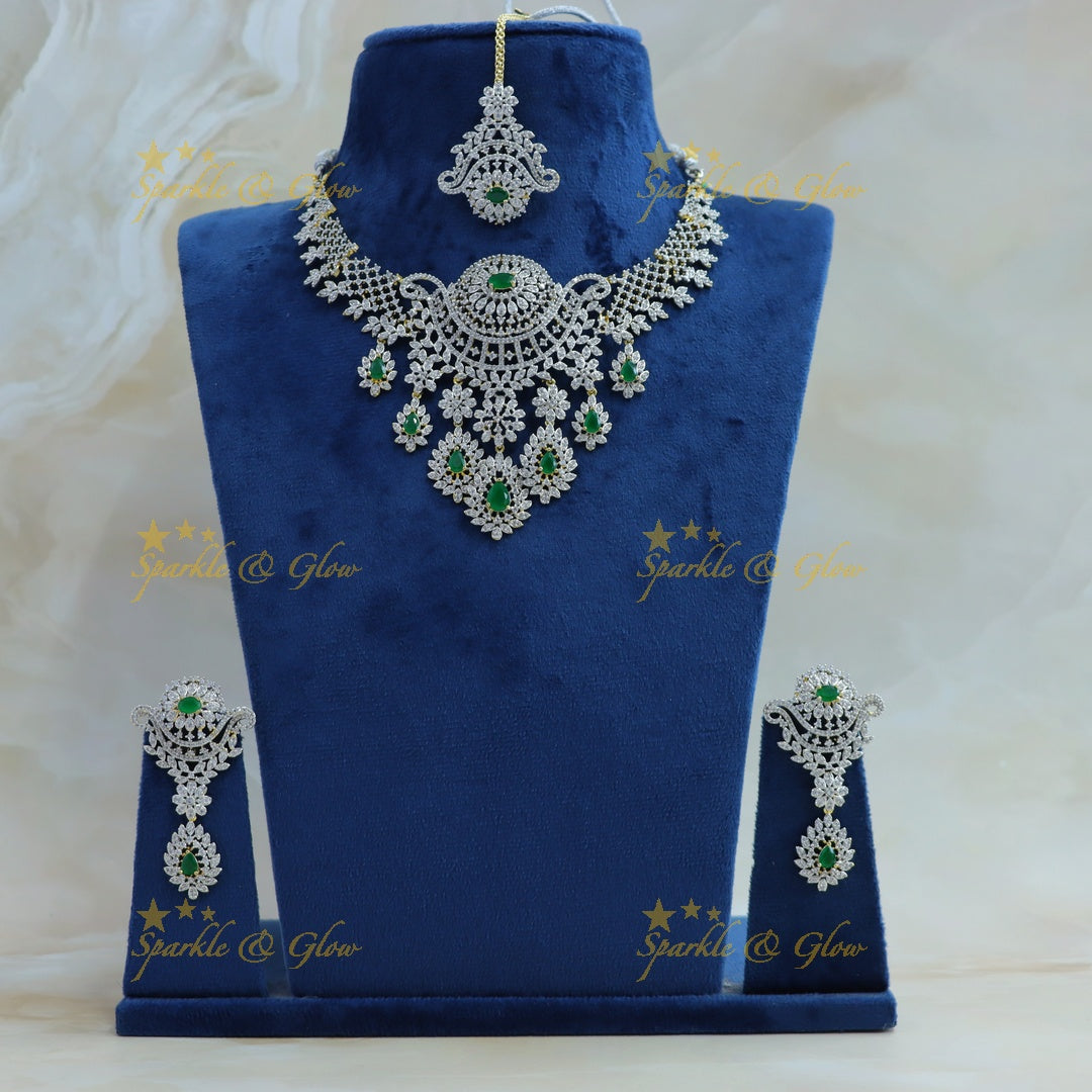 Intricately carved Floral Waterdrop design American diamond short necklace with Maangtikka