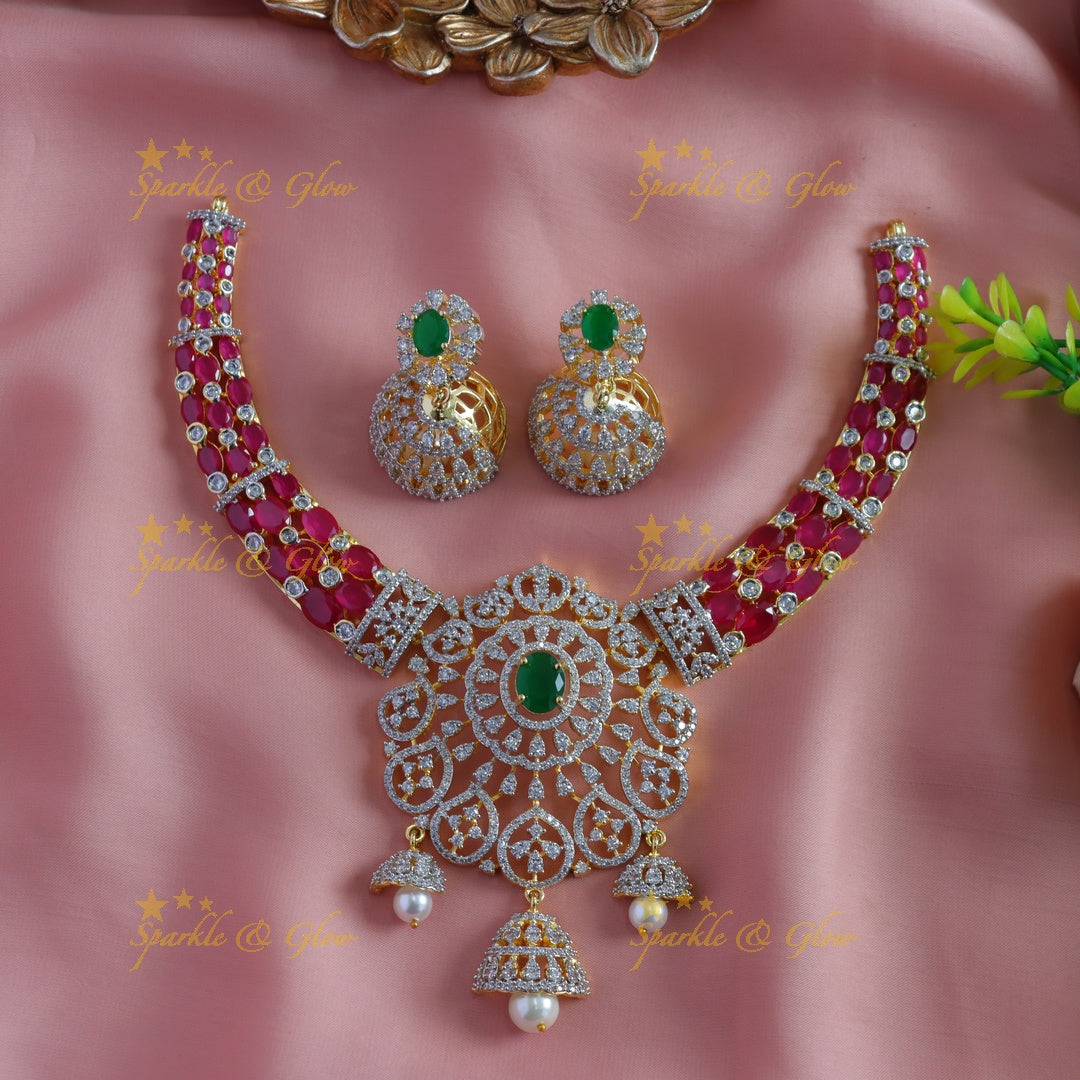 Beautiful Mango Floral American diamond short necklace with Jhumuka drop
