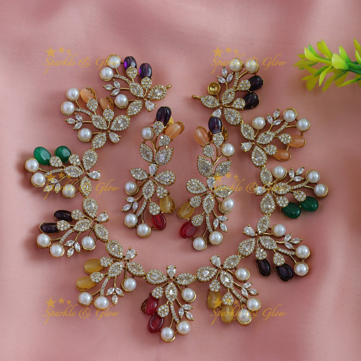 Beautiful Flower Leaf design American diamond short necklace