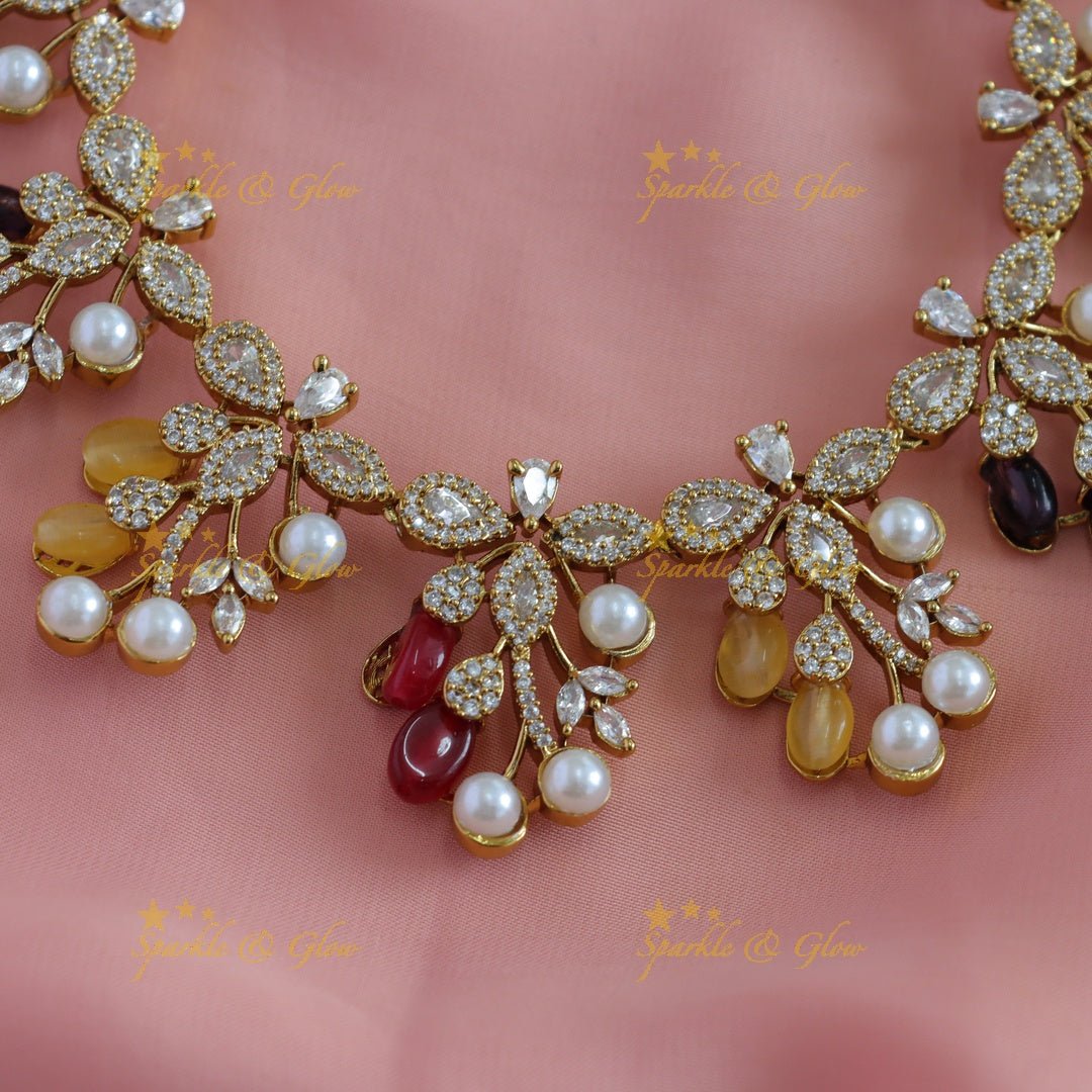 Beautiful Flower Leaf design American diamond short necklace - Sparkle and Glow - Back Thread - 