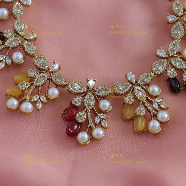 Beautiful Flower Leaf design American diamond short necklace - Sparkle and Glow - Back Thread - 