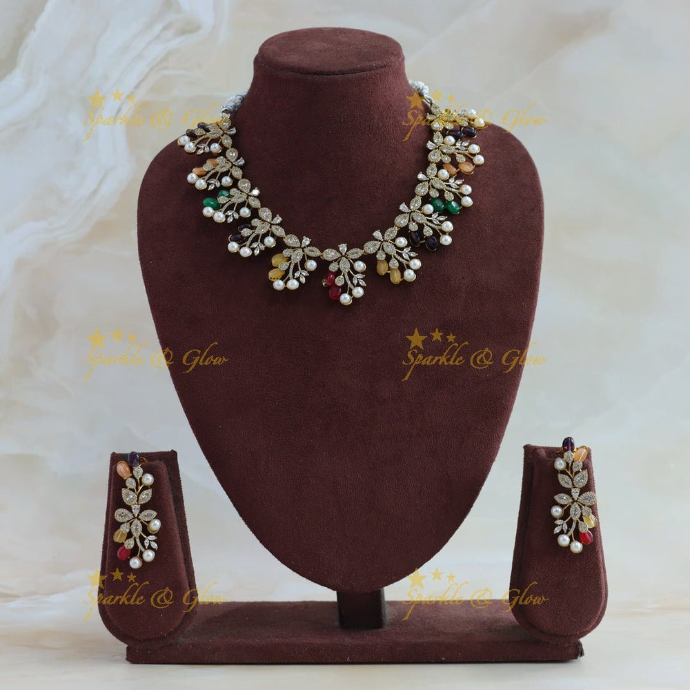 Beautiful Flower Leaf design American diamond short necklace - Sparkle and Glow - Back Thread - 