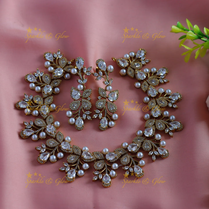 Beautiful Flower Leaf design American diamond short necklace