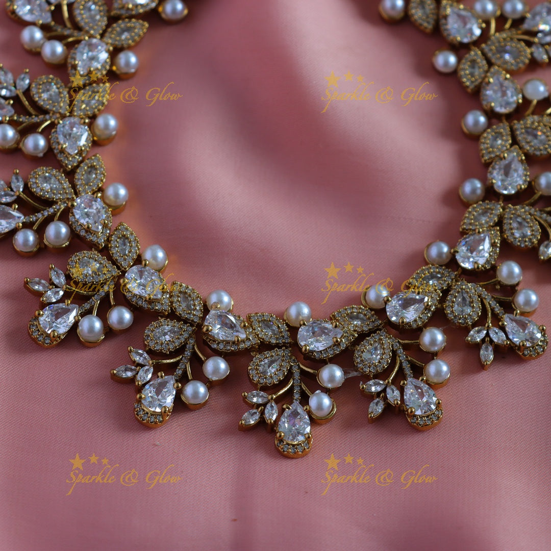 Beautiful Flower Leaf design American diamond short necklace