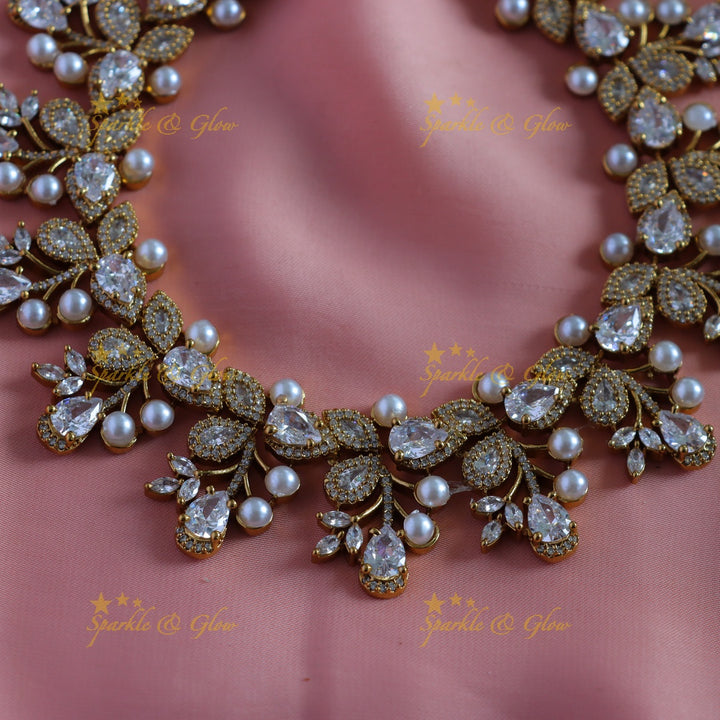 Beautiful Flower Leaf design American diamond short necklace
