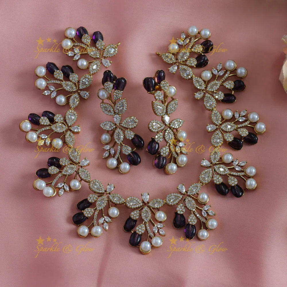 Beautiful Flower Leaf design American diamond short necklace - Sparkle and Glow