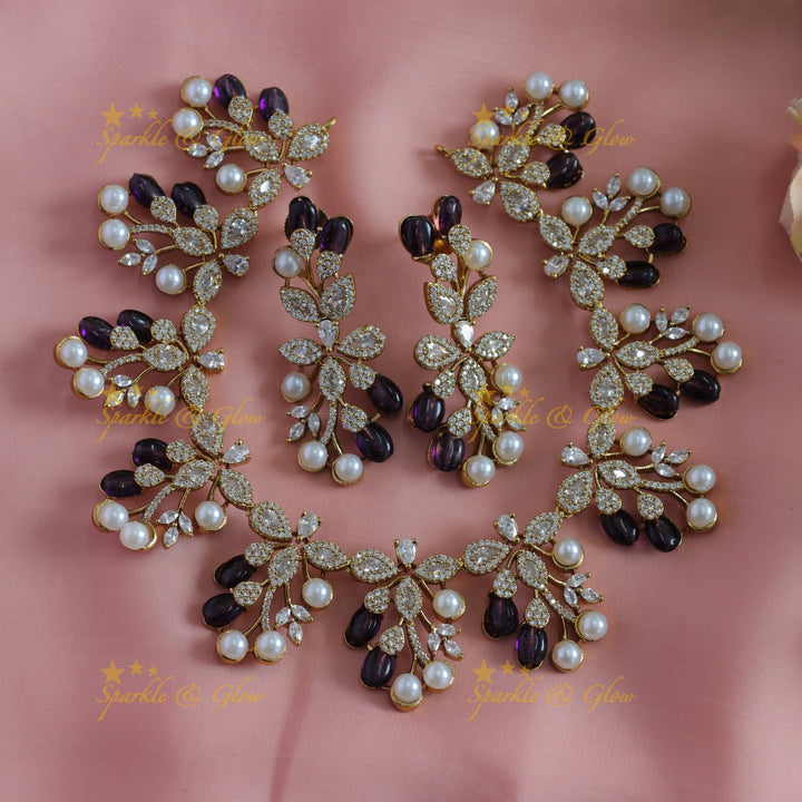 Beautiful Flower Leaf design American diamond short necklace