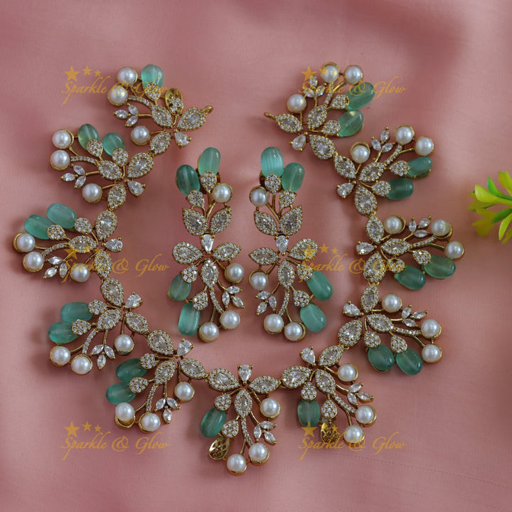 Beautiful Flower Leaf design American diamond short necklace