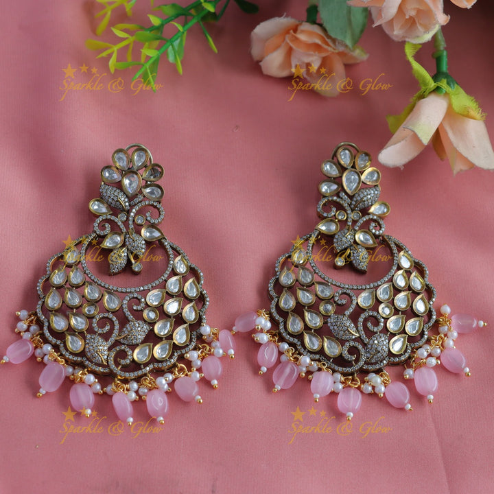 Sparkling Floral Studded Victorian AD Chandbali Earrings-Lightpink
