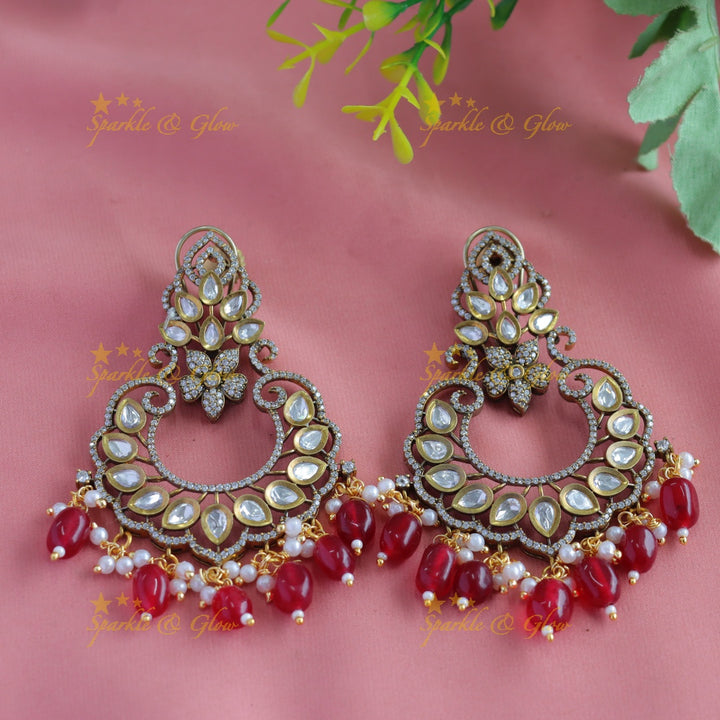 Elegant Floral crown design Victorian AD Chandbali Earrings-Green