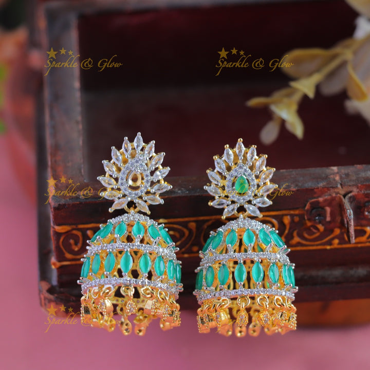 Gracious Sunflower Stud American Diamond jhumukas-Emerald-green