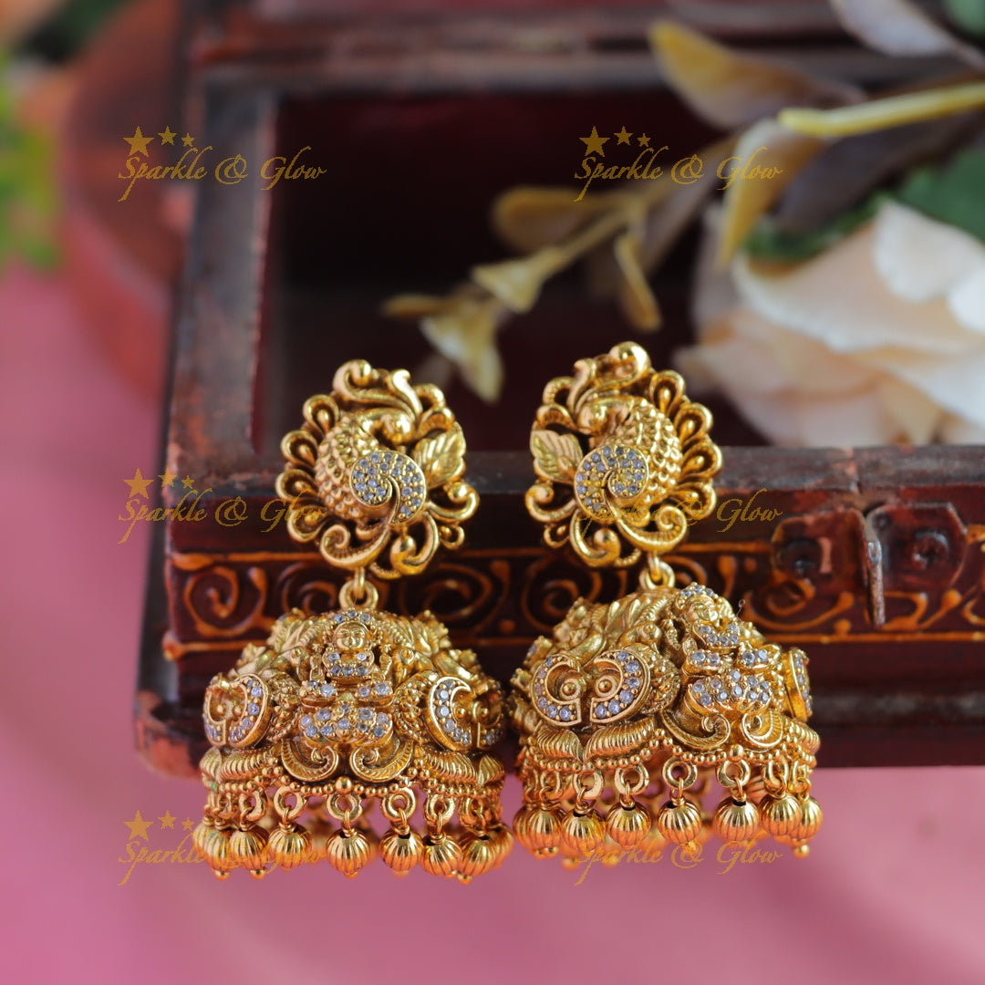 Beautiful Antique Idol Lakshmi Peacock carved jhumukas with gold beads