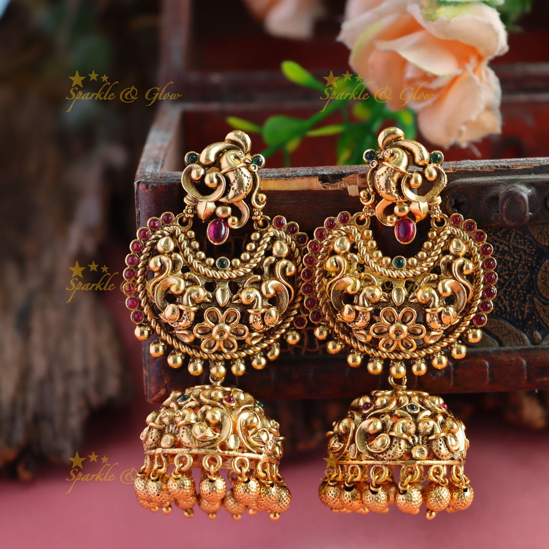 Grand Antique Kemp Peacock Floral Bali design jhumukas with gold beads