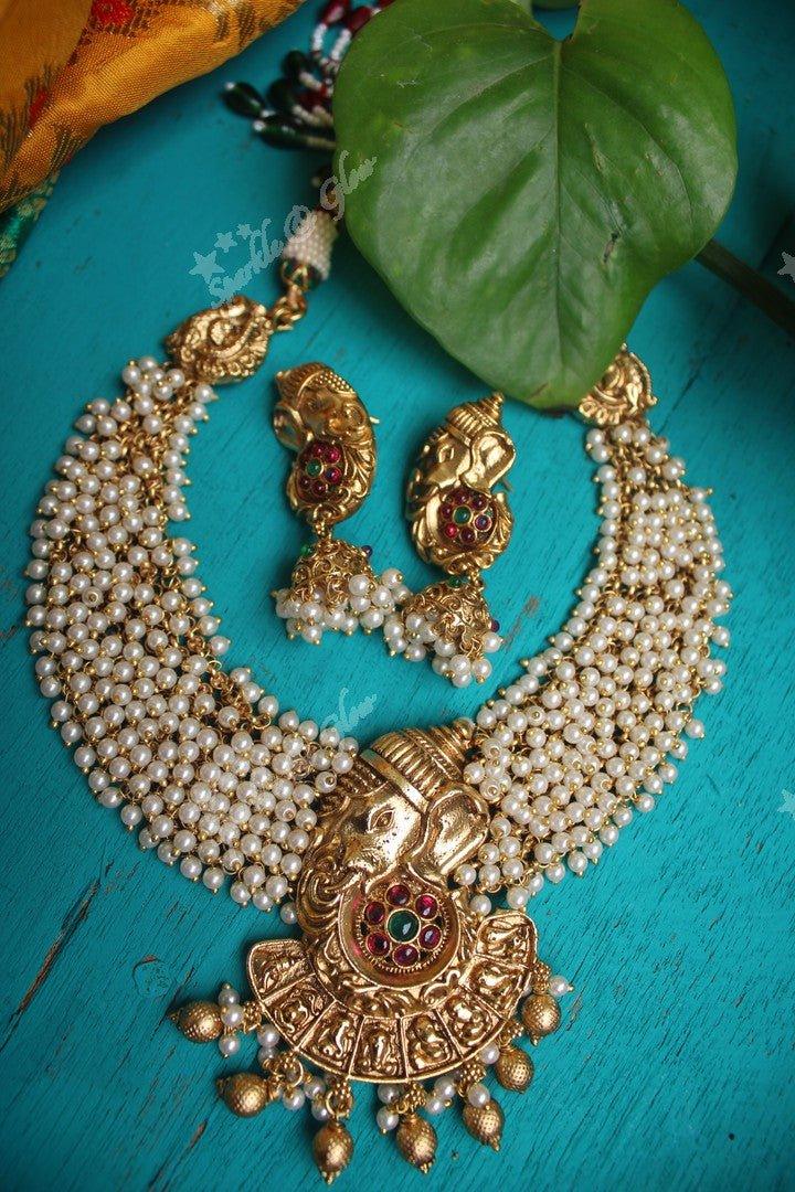 Gold alike polished Ganesha carved gold beads cluster necklace - Sparkle and Glow