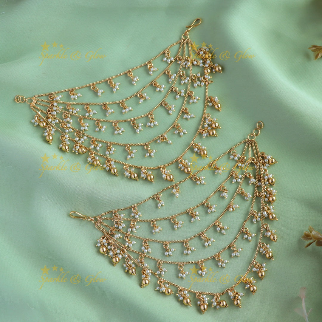 Statement Gold alike Five layered Earchain with pearls and gold beads