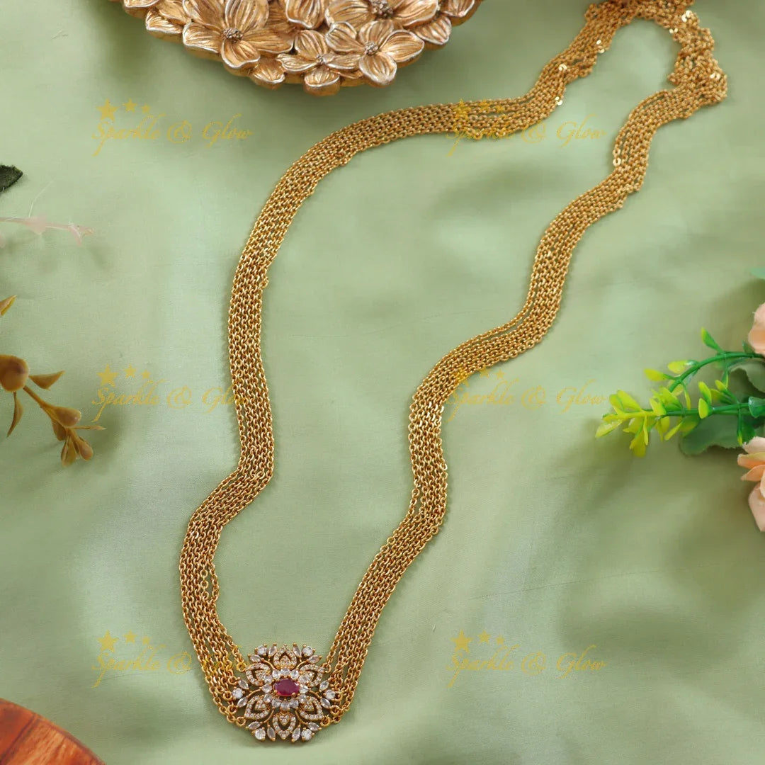 Stunning Floral design stone pendant long chain with ruby - Sparkle and Glow