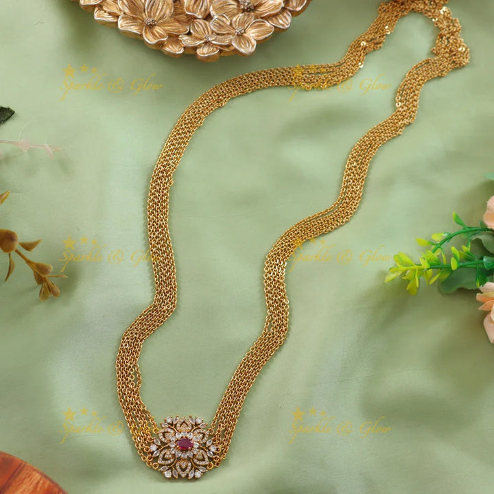 Stunning Floral design stone pendant long chain with ruby - Sparkle and Glow