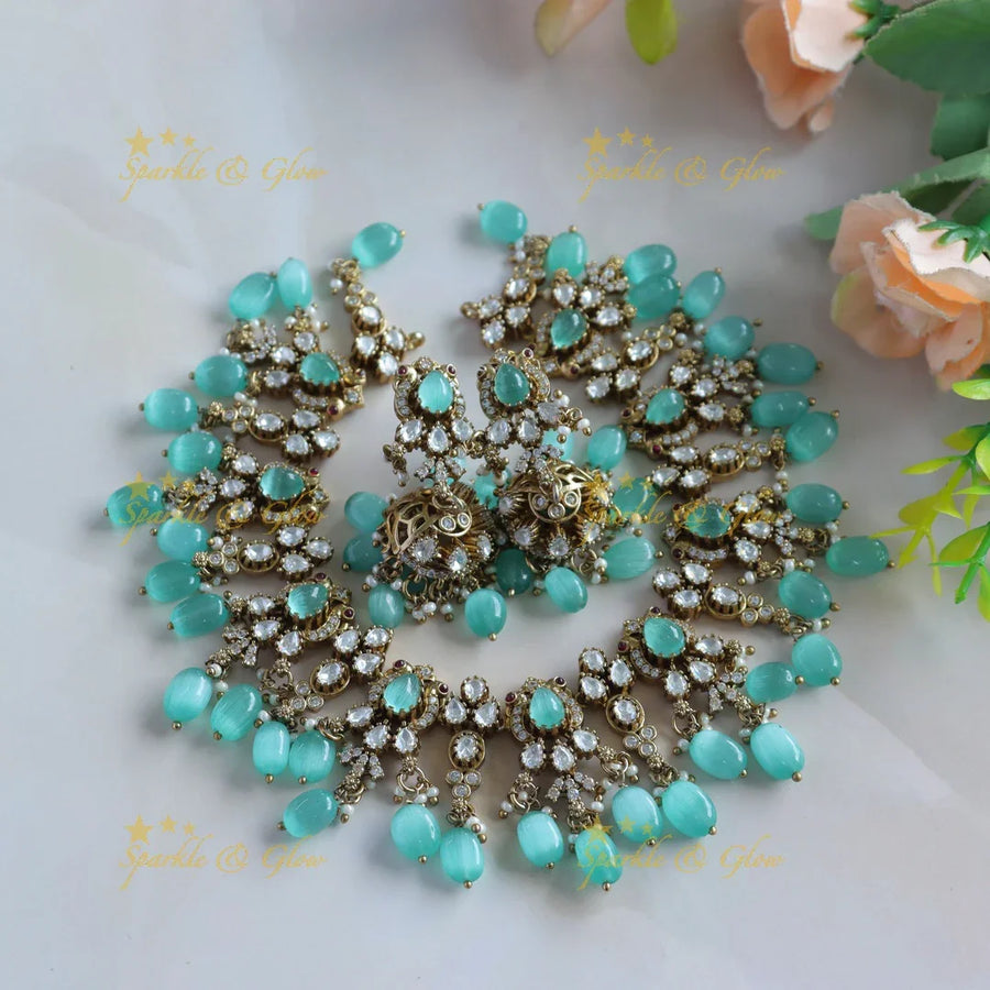 Sparkling Victorian AD Peacock short necklace with Skyblue beads - Sparkle and Glow