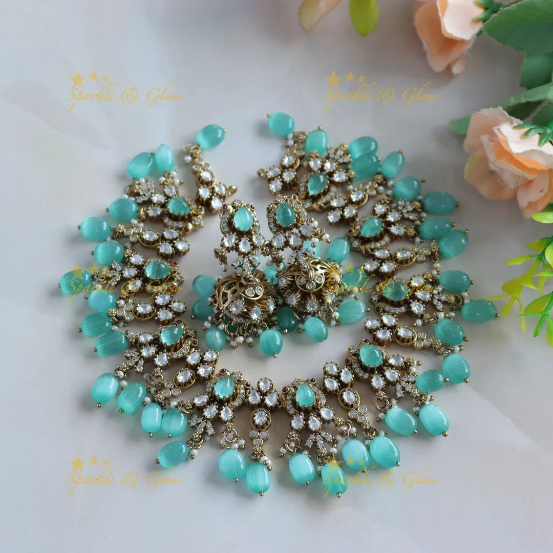 Sparkling Victorian AD Peacock short necklace with Skyblue beads - Sparkle and Glow