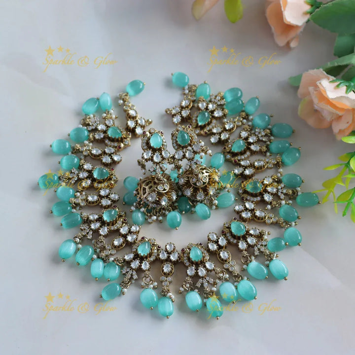 Sparkling Victorian AD Peacock short necklace with Skyblue beads - Sparkle and Glow