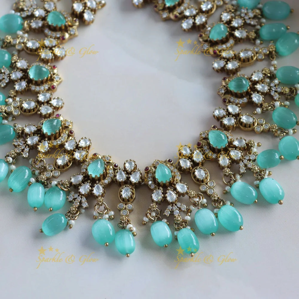 Sparkling Victorian AD Peacock short necklace with Skyblue beads - Sparkle and Glow