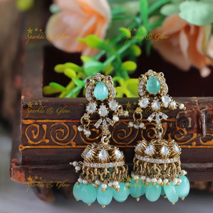 Sparkling Victorian AD Peacock short necklace with Skyblue beads - Sparkle and Glow