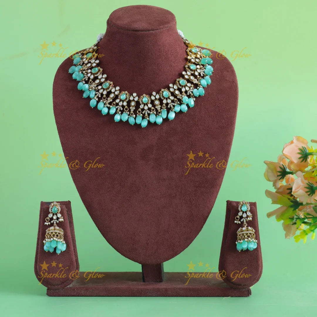Sparkling Victorian AD Peacock short necklace with Skyblue beads - Sparkle and Glow