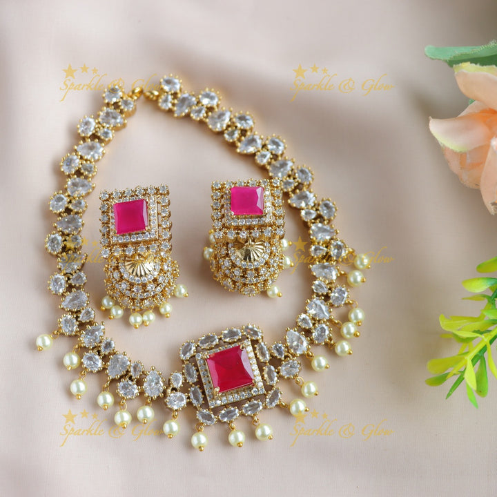 Sprkling Square and oval stone AD short necklace with ruby and pearl drops