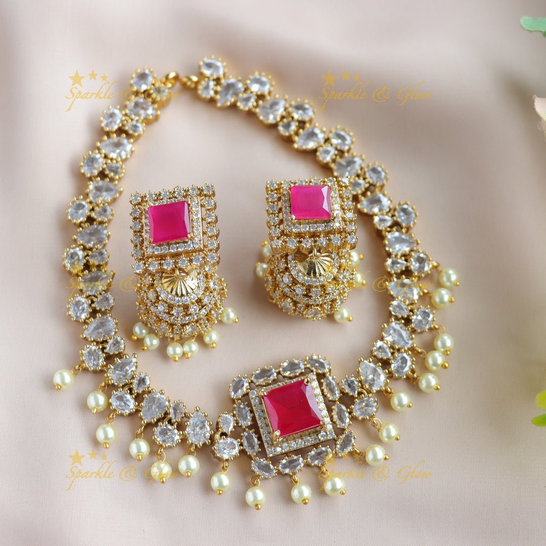 Sprkling Square and oval stone AD short necklace with ruby and pearl drops