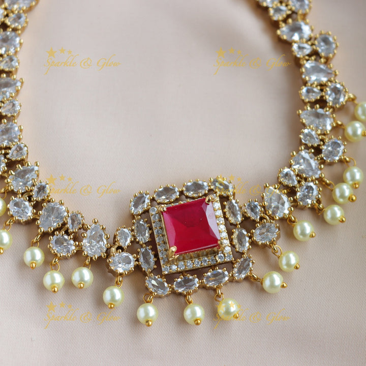Sprkling Square and oval stone AD short necklace with ruby and pearl drops