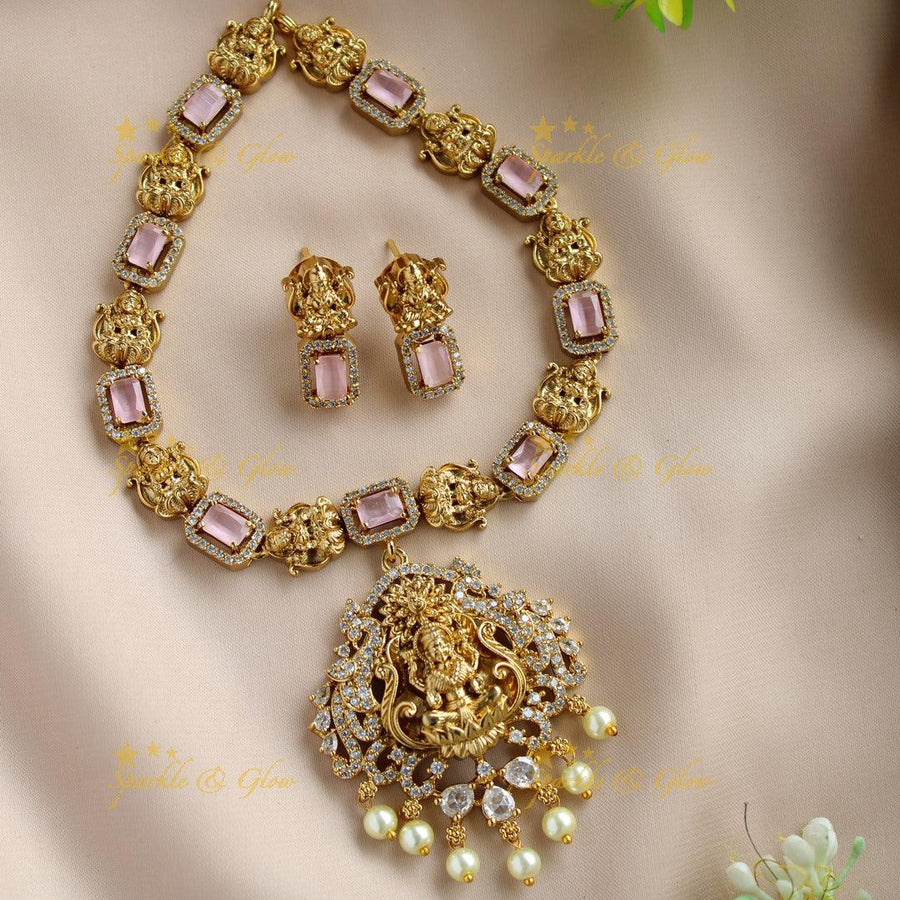 Elegant Lakshmi carved rectangle stone short necklace with CZ stones and pearl drop - Sparkle and Glow