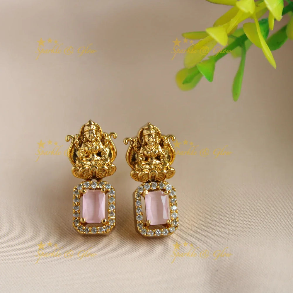 Elegant Lakshmi carved rectangle stone short necklace with CZ stones and pearl drop - Sparkle and Glow