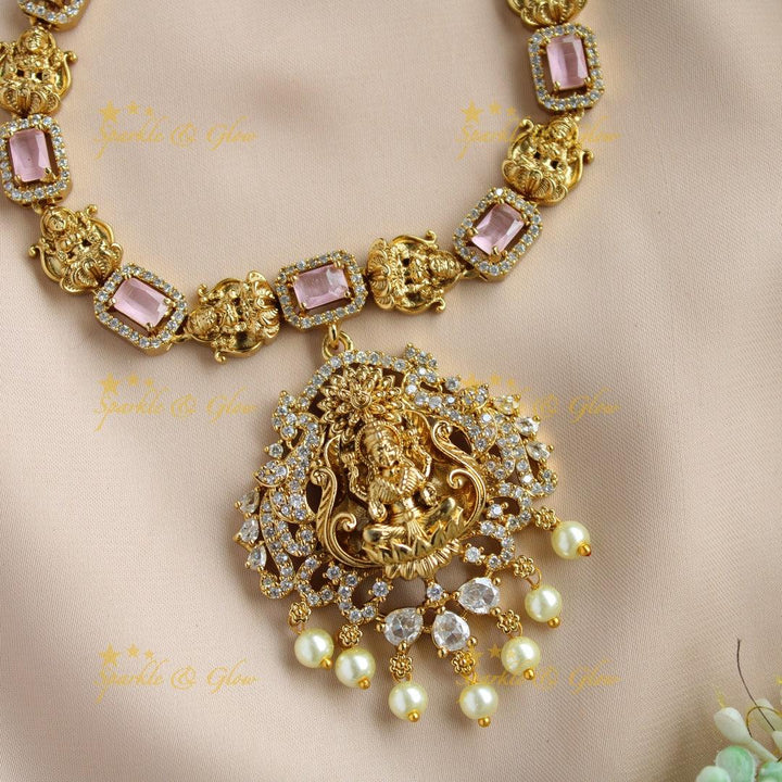 Elegant Lakshmi carved rectangle stone short necklace with CZ stones and pearl drop - Sparkle and Glow