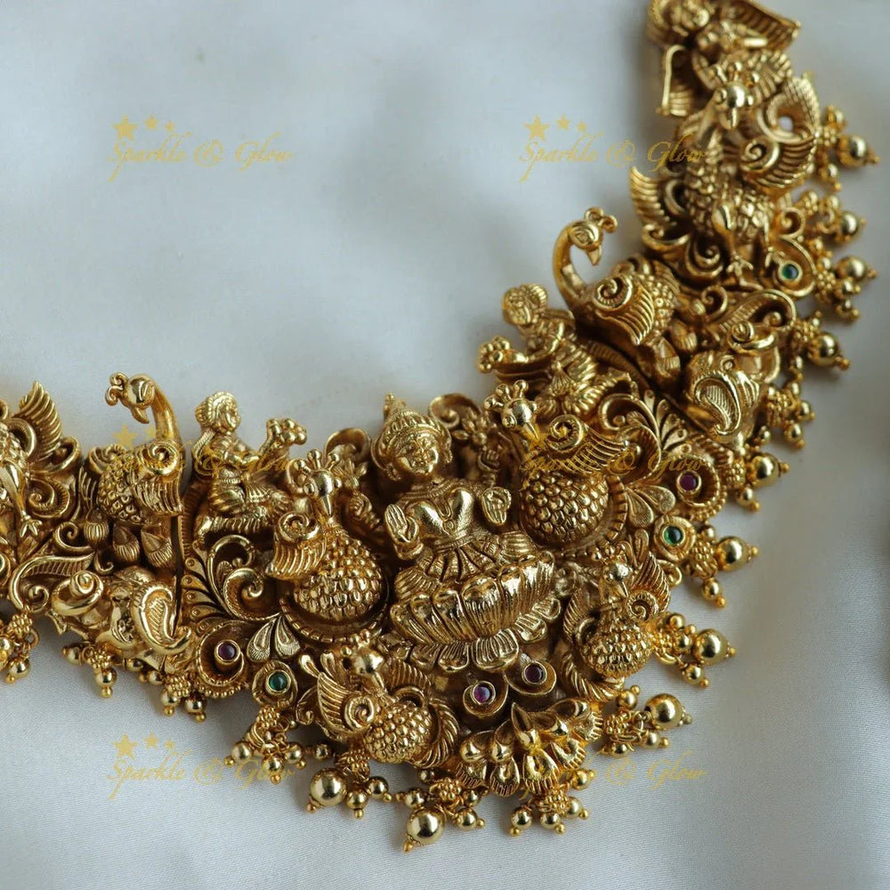 Grand Intricate Lakshmi Peacock carved short necklace with gold beads - Sparkle and Glow