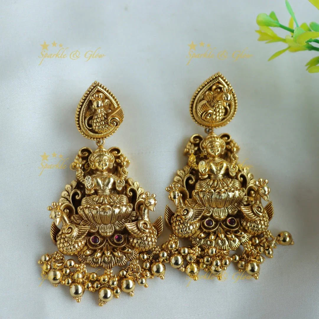 Grand Intricate Lakshmi Peacock carved short necklace with gold beads - Sparkle and Glow